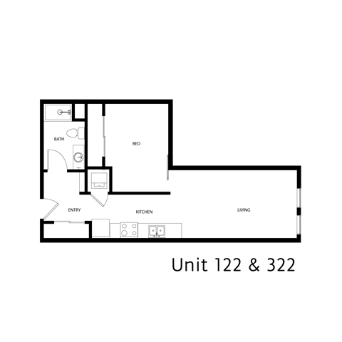 Floor plan for 1 bed, 1 bath, 580 sqft